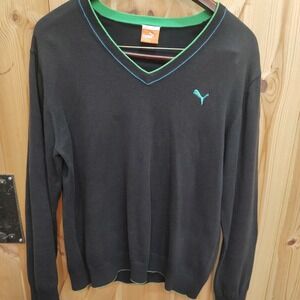 PUMA Men's Sweater Sz Large Black V-Neck Pullover Knit‎ Blue Logo Green Preppy